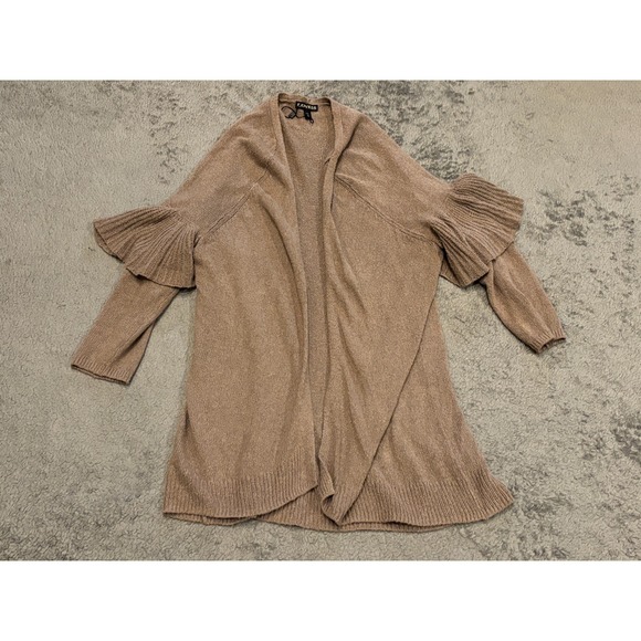 Express Sweaters - NWOT Express Open Front Cardigan Womens XS Beige Brown Ruffle Shoulder 3/4